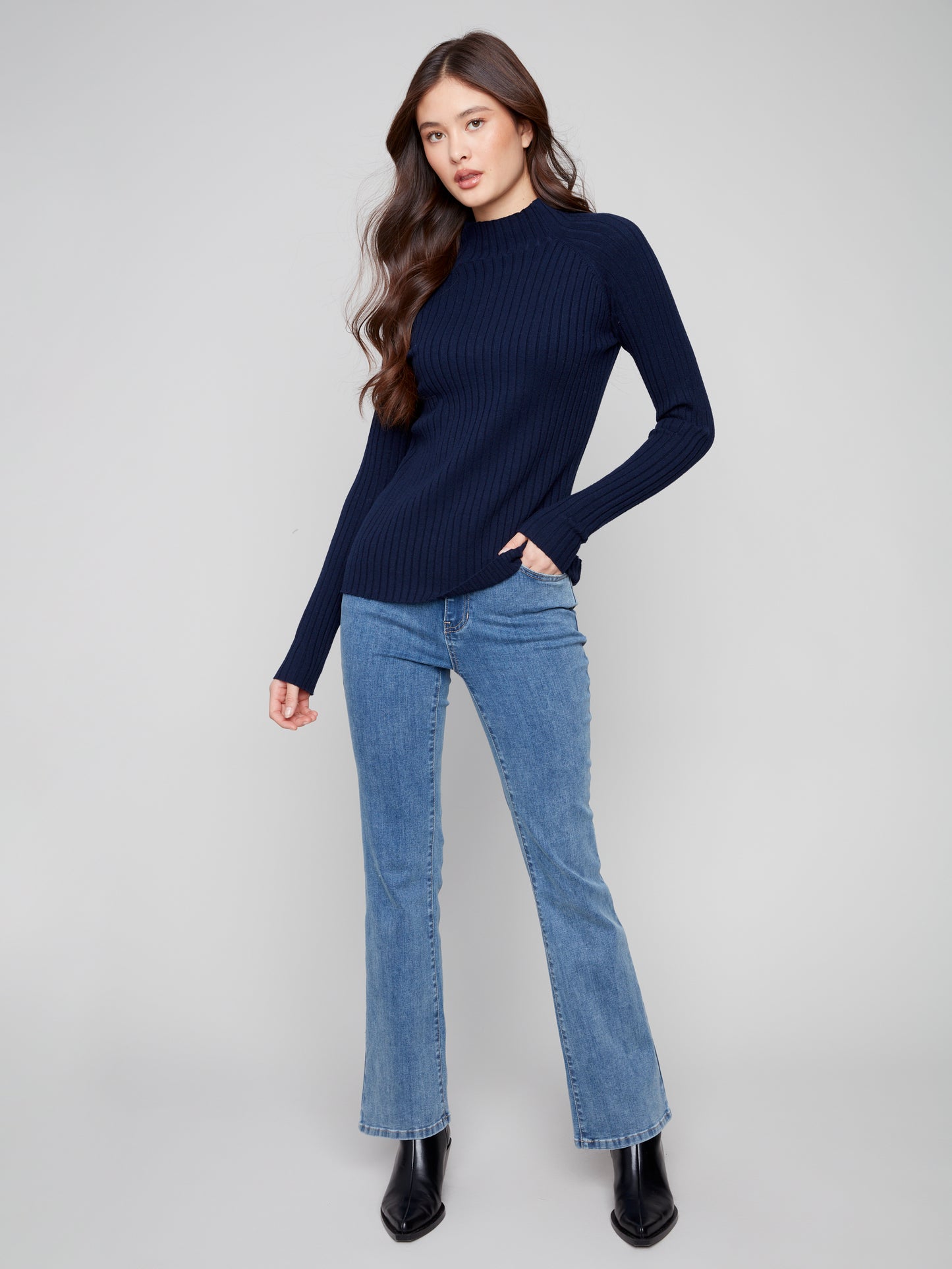 Charlie B Ribbed Knit Mock Sweater - Black