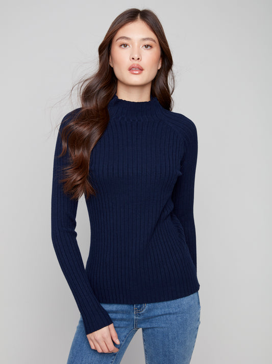 Charlie B Ribbed Knit Mock Sweater - Black