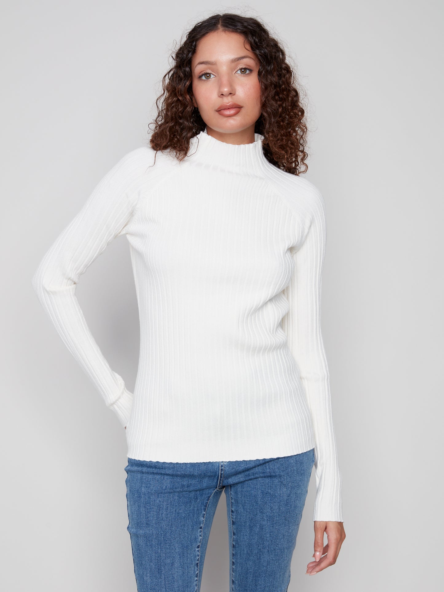 Charlie B Ribbed Knit Mock Sweater - Ecru