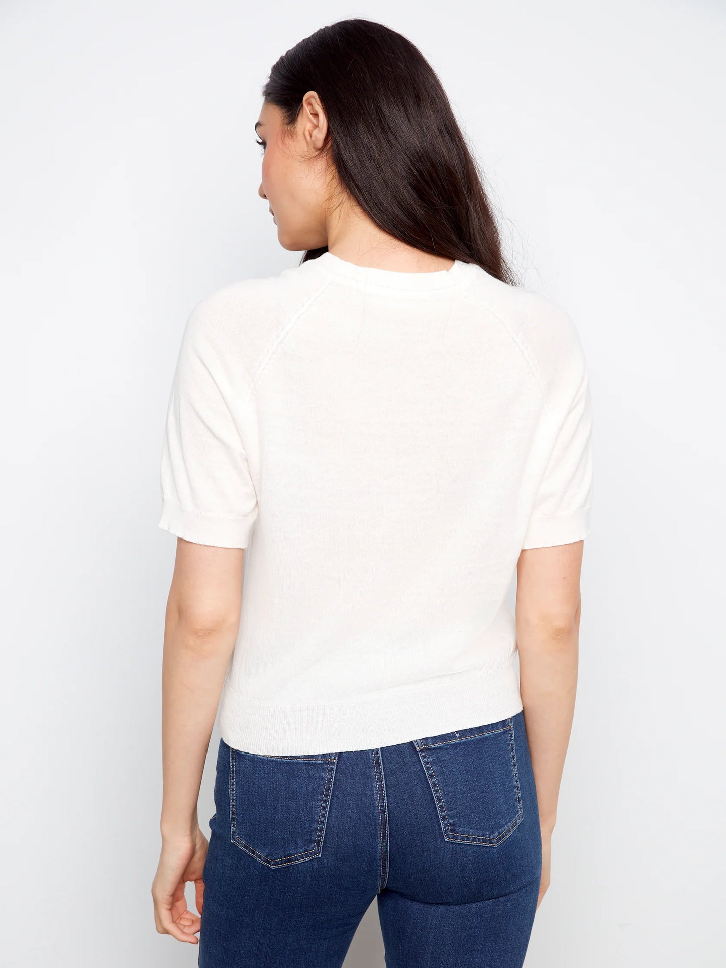 Charlie B Raglan Elbow Sleeve Sweater Flowers Soutache - White