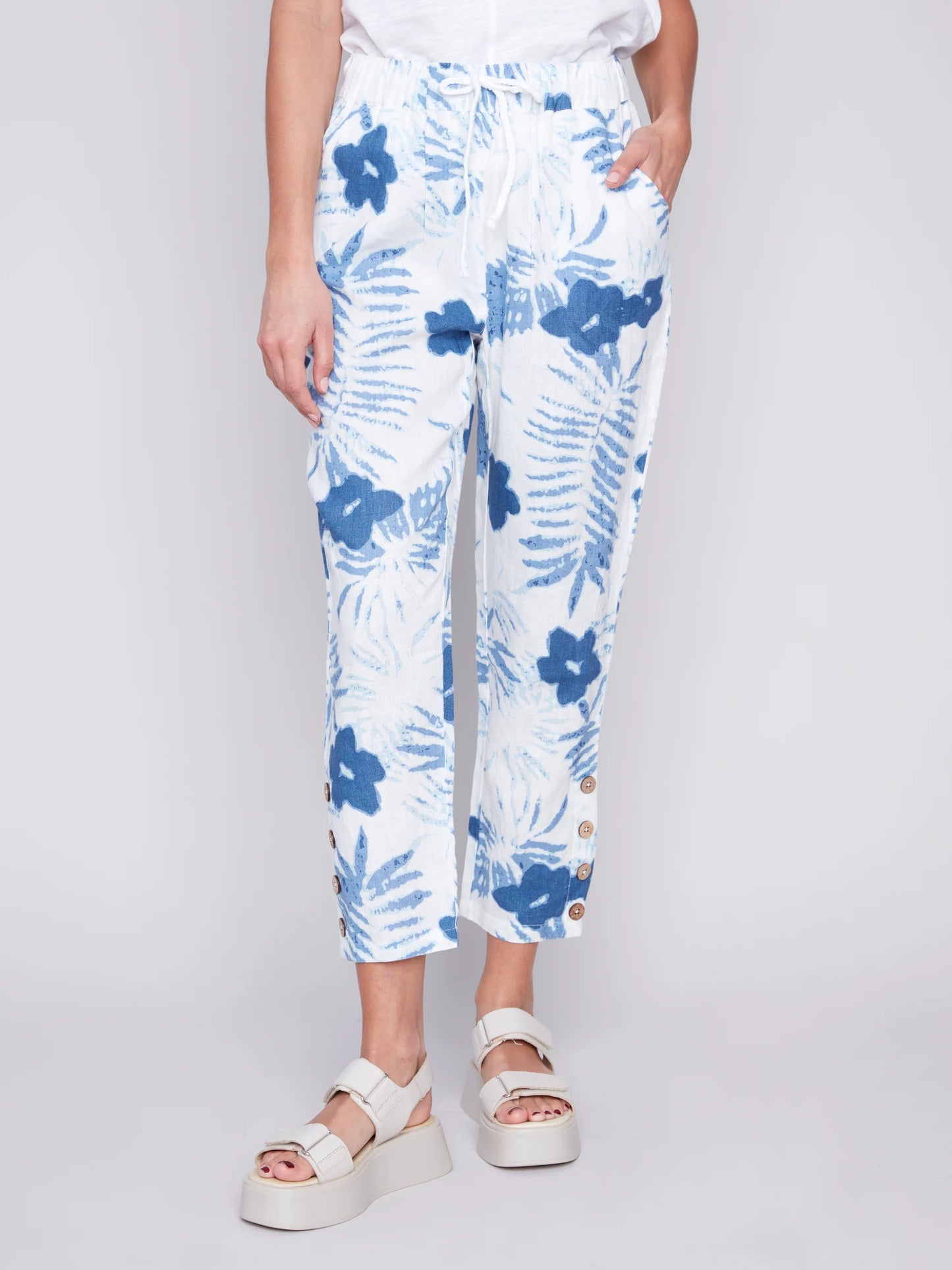 Charlie B Linen Jogger Pants with Button Detail - Blue Floral