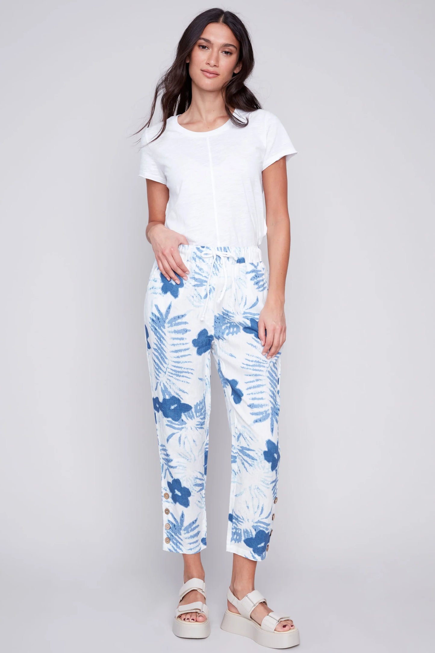 Charlie B Linen Jogger Pants with Button Detail - Blue Floral