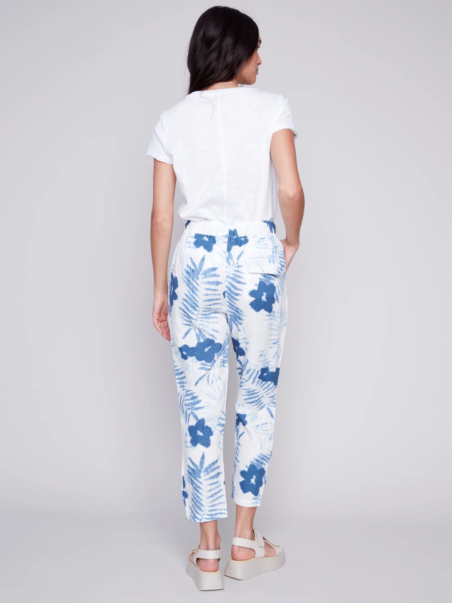 Charlie B Linen Jogger Pants with Button Detail - Blue Floral