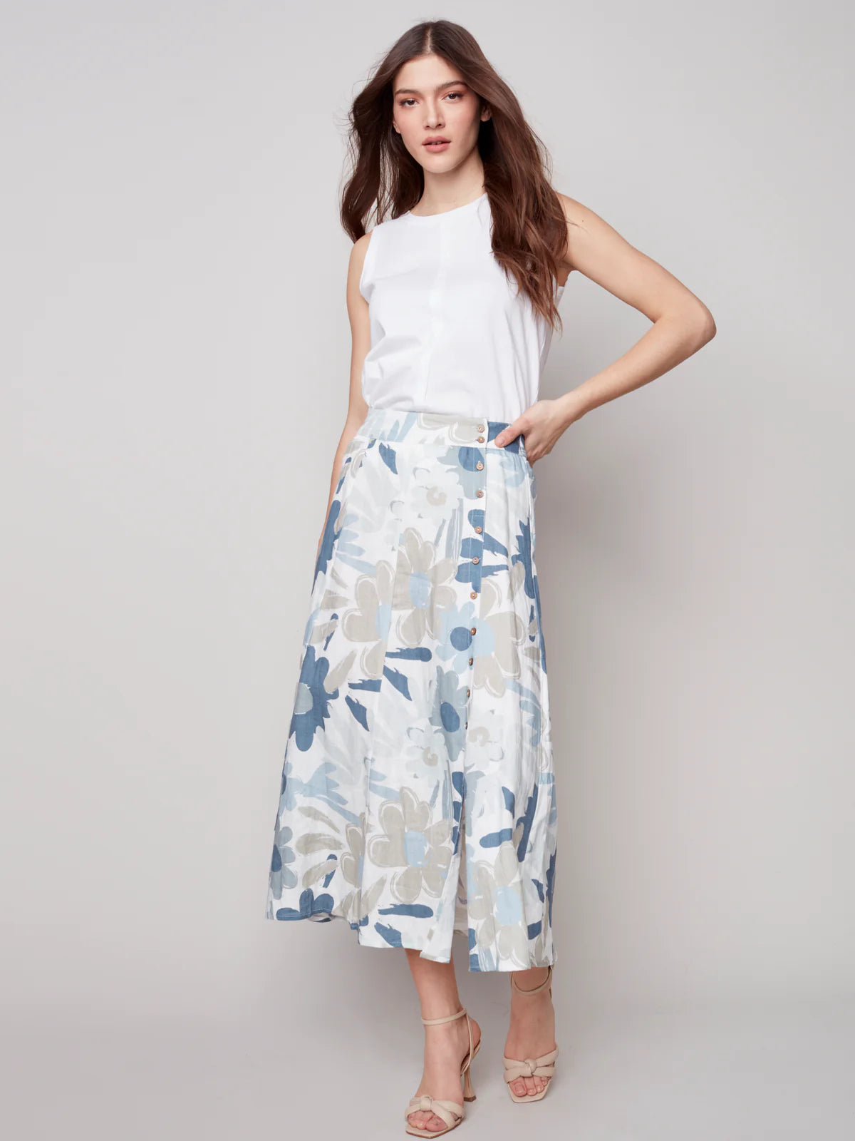 Charlie B Flower Power Linen Skirt-Basil