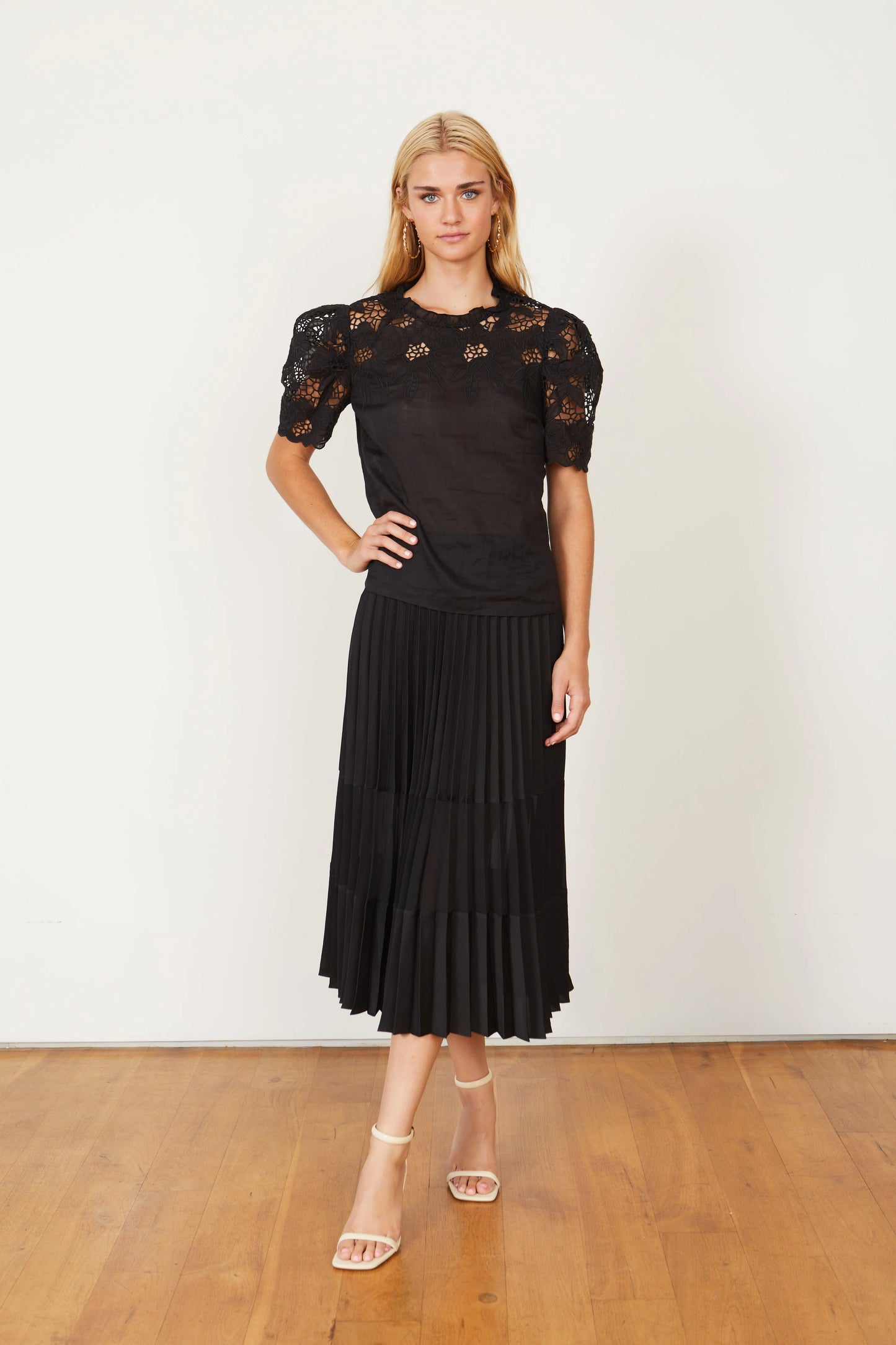 Caballero Mia Pleated Black Mesh Panel Skirt