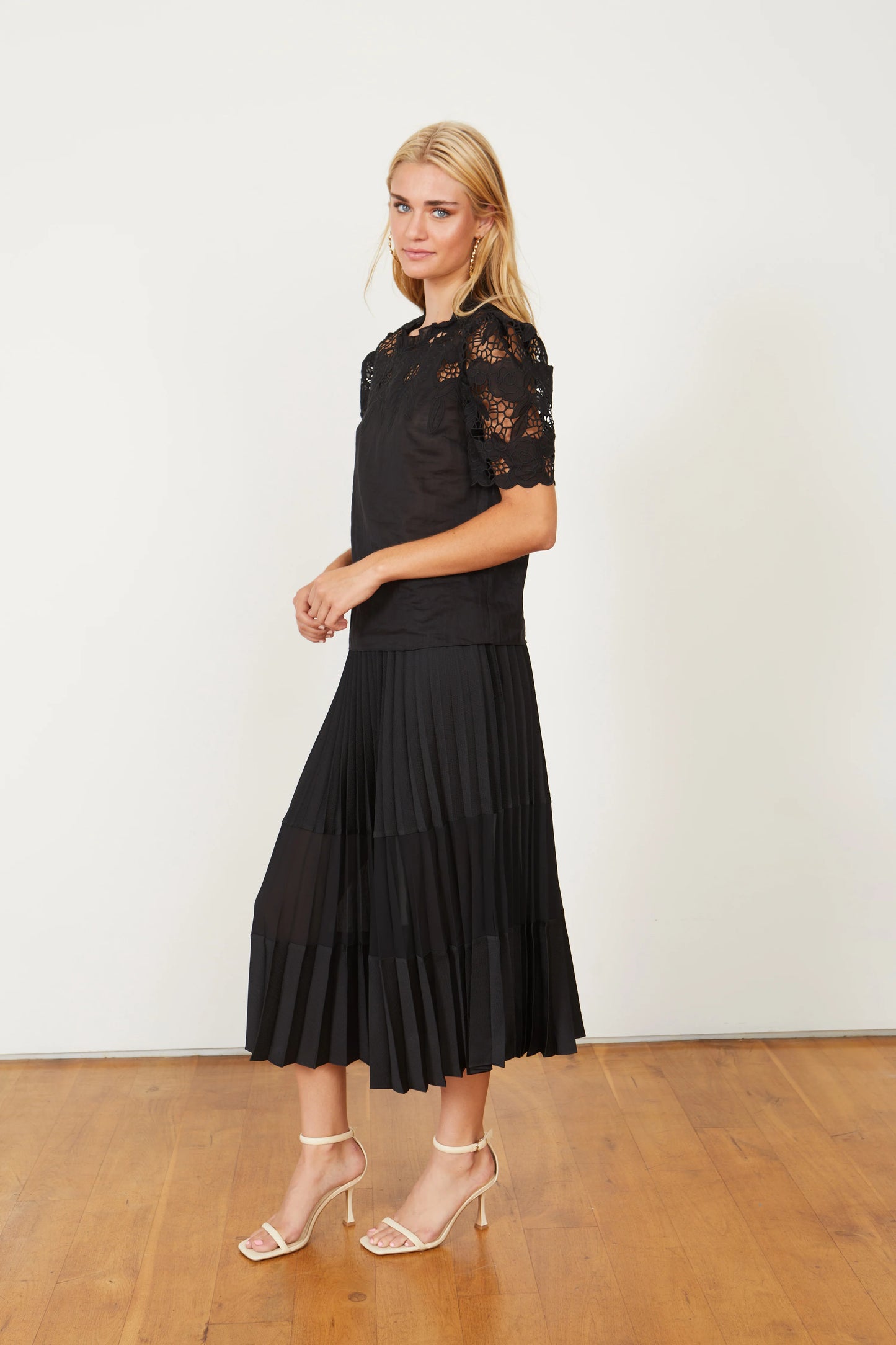 Caballero Mia Pleated Black Mesh Panel Skirt