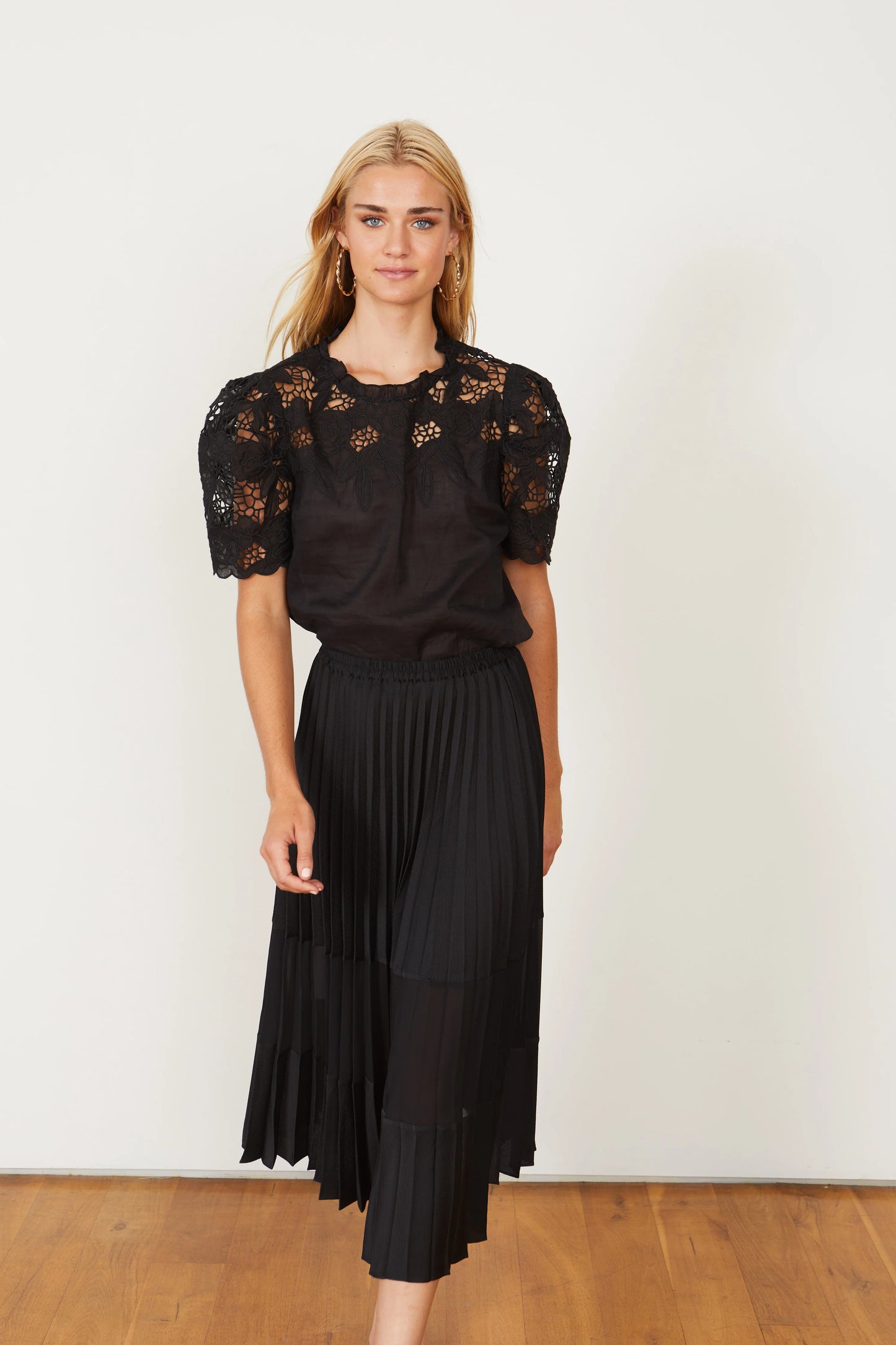 Caballero Mia Pleated Black Mesh Panel Skirt