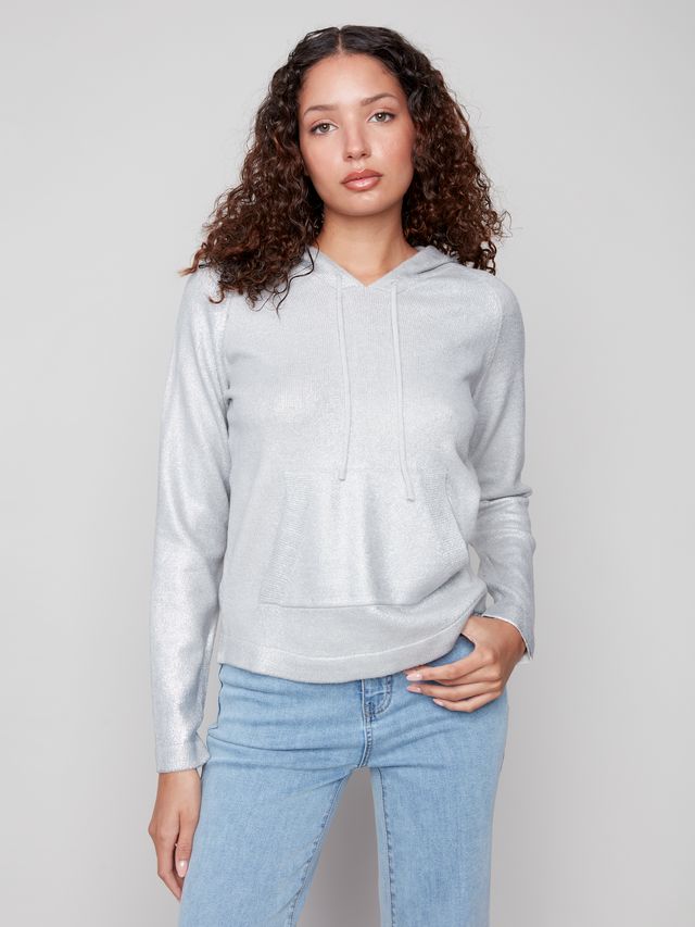 Charlie B Metallic Knit Hoodie Sweater - Argent Silver