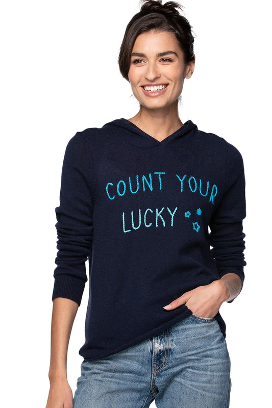 Golden Sun Bon Voyage Count Your Lucky Stars Cashmere Hoodie-Blue
