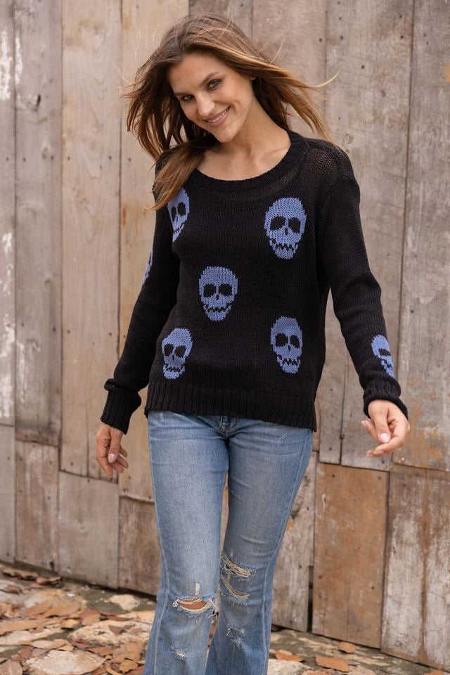 Wooden Ships Skulls Crew Neck Cotton -Black/Denim Heather