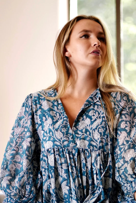 Dolma Raya Block Printed Mini Dress- Teal