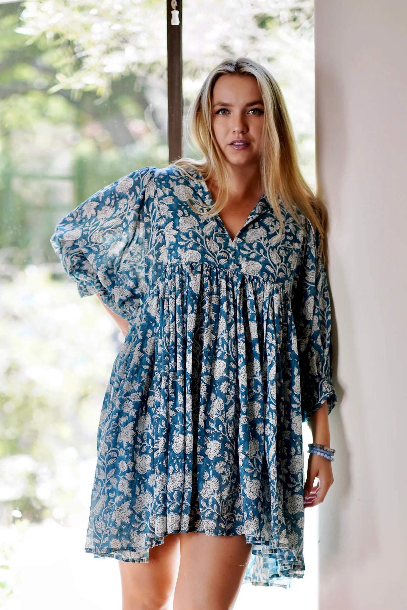 Dolma Raya Block Printed Mini Dress- Teal