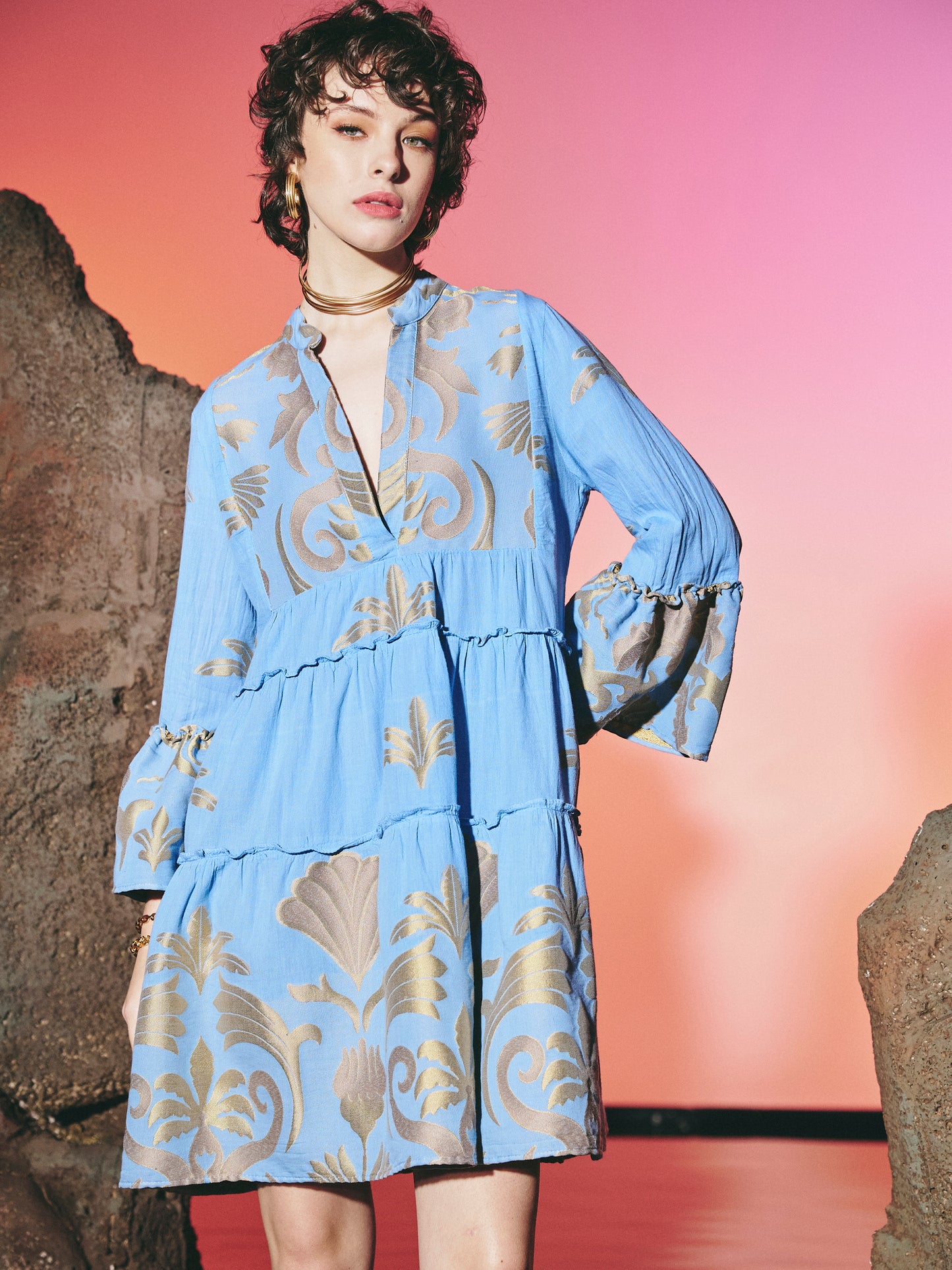 Lace Jacquard Mini Dress-Baby Blue