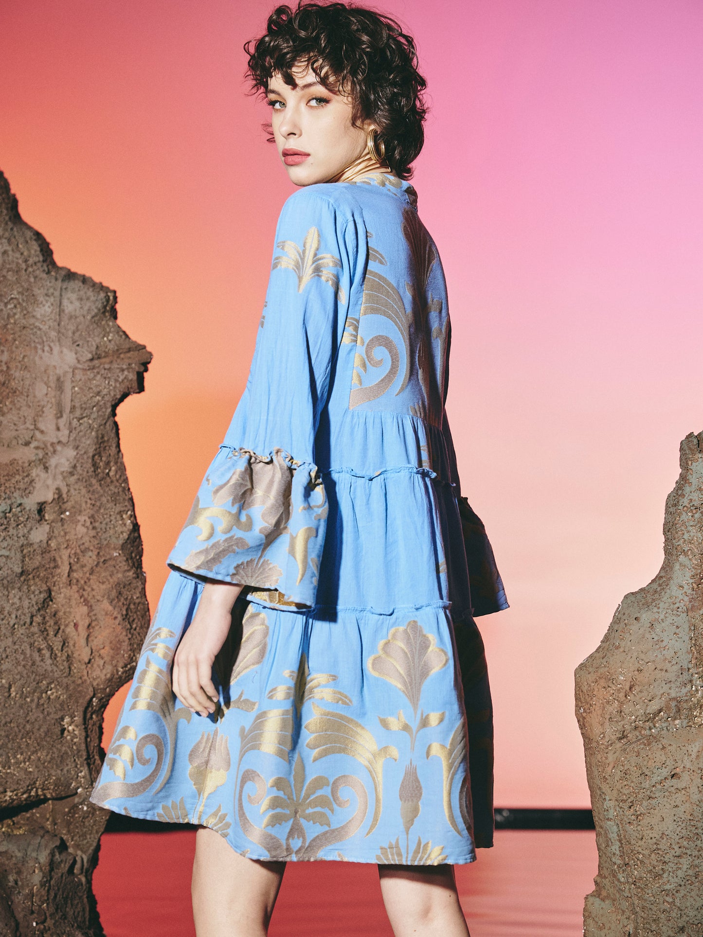 Lace Jacquard Mini Dress-Baby Blue