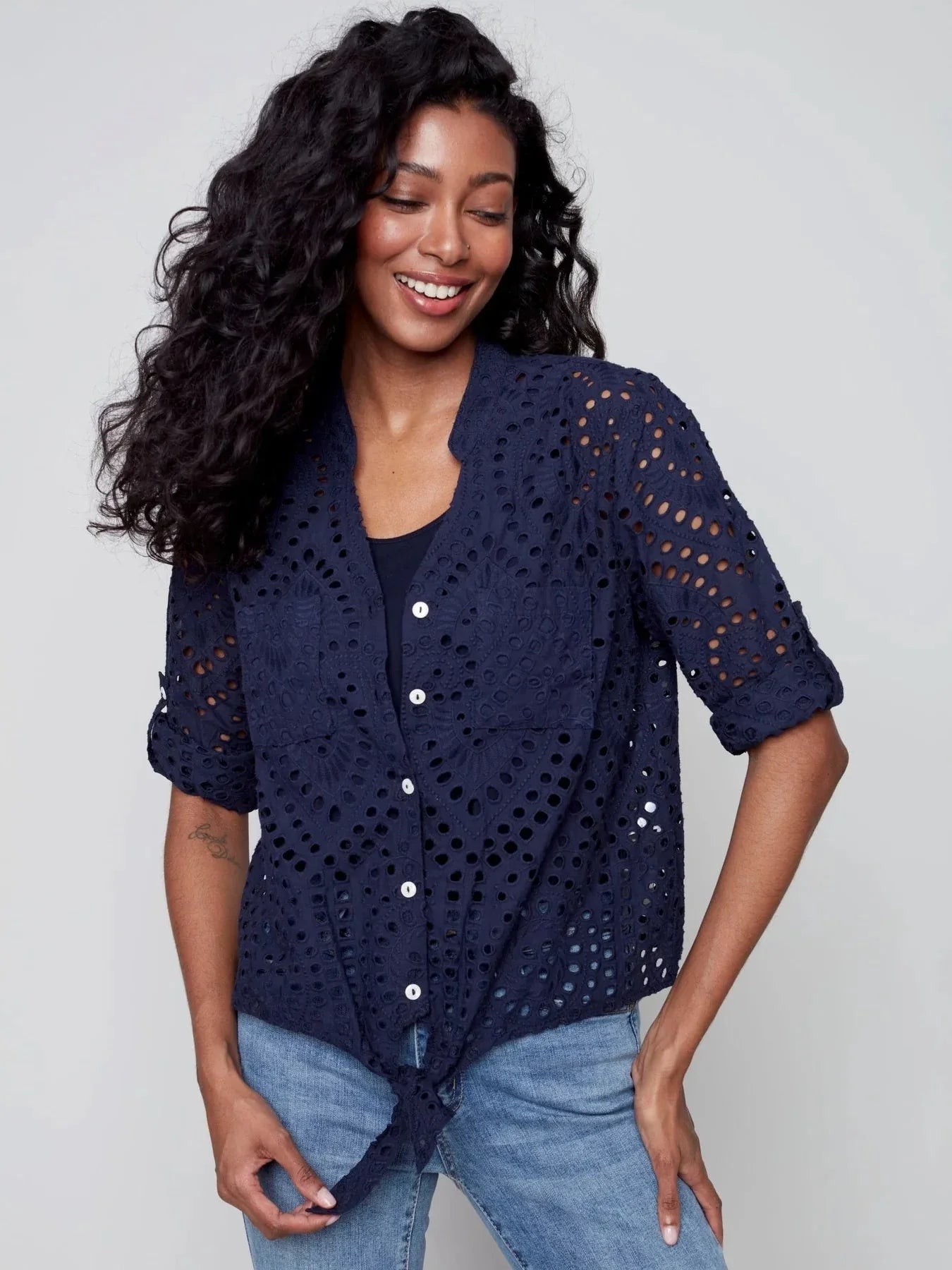 Charlie B Eyelet Embroidery Tie Front Blouse