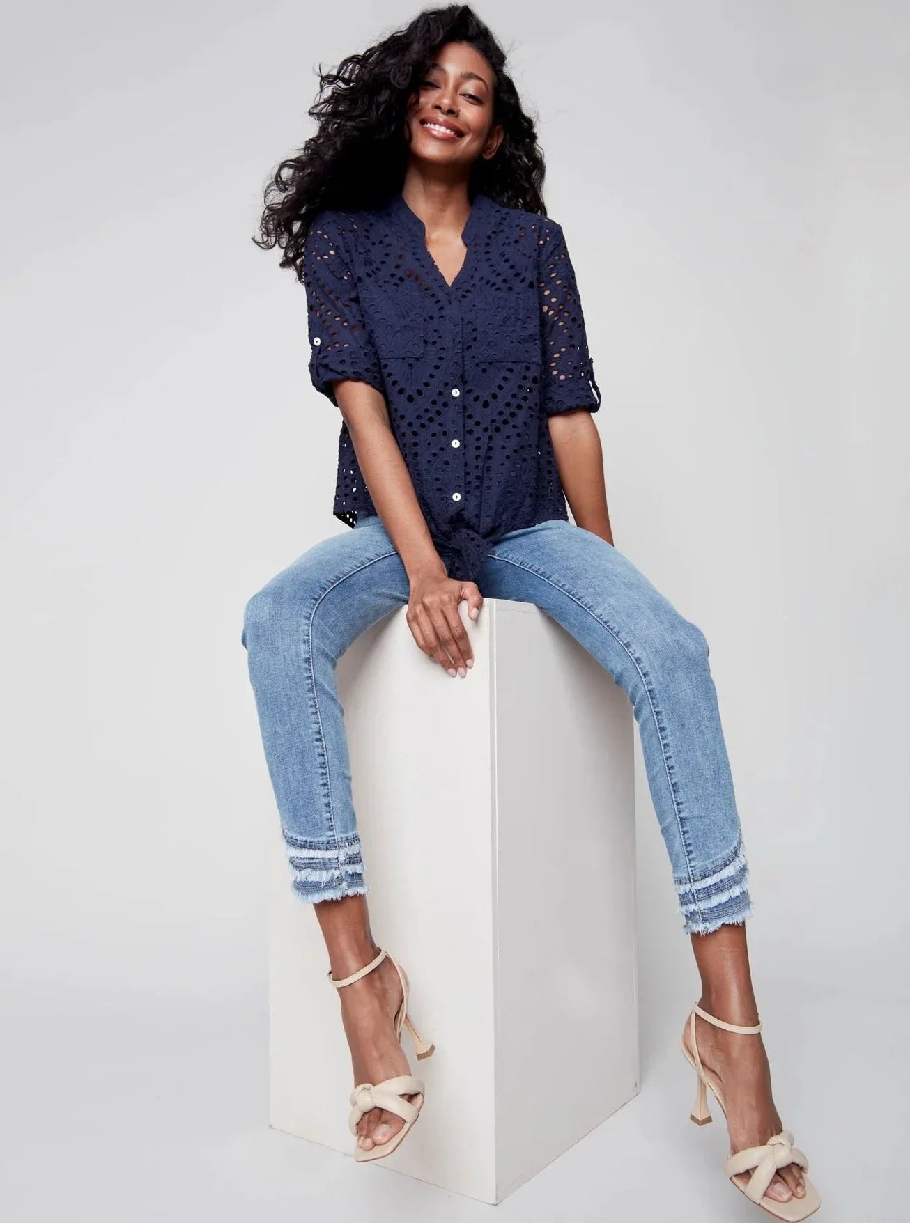 Charlie B Eyelet Embroidery Tie Front Blouse