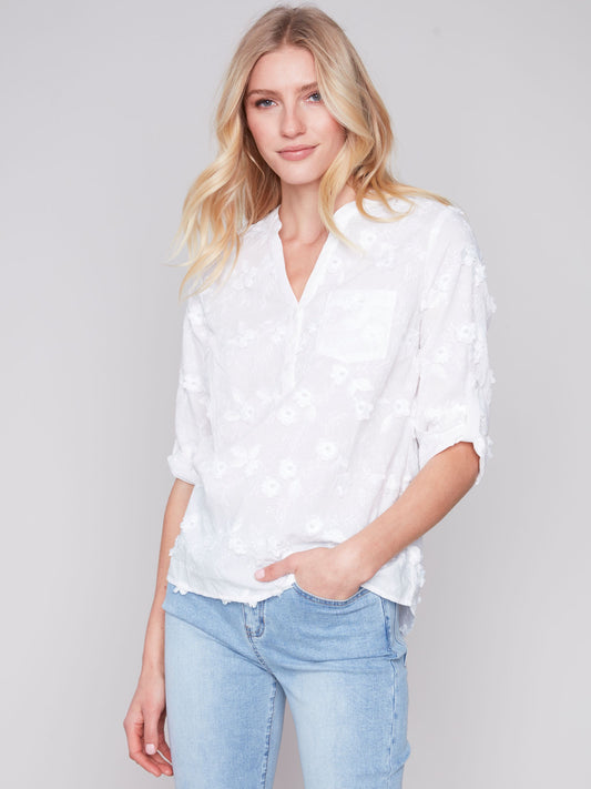 Charlie B Half-Button Embroidered Cotton Blouse - White