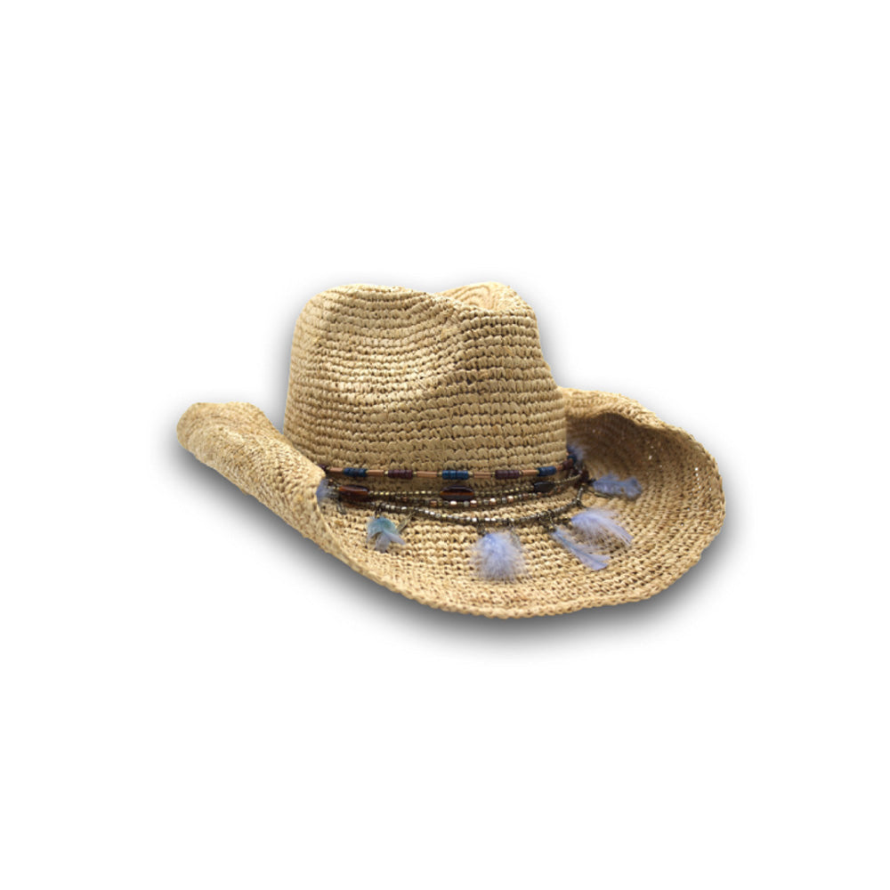 Nikki Beach Morgan Crochet Raffia Cowgirl Hat-Natural/Blue