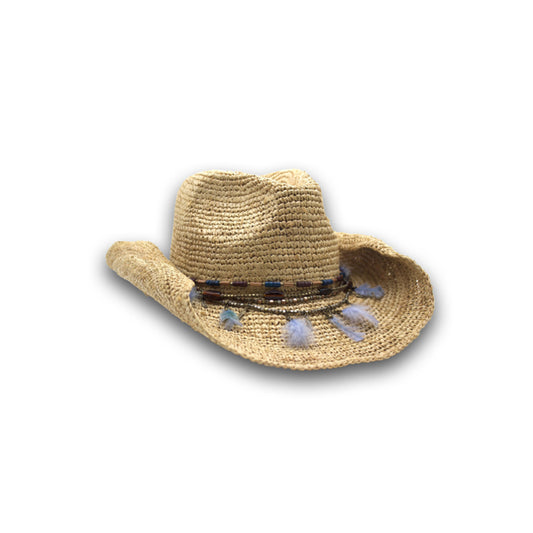 Nikki Beach Morgan Crochet Raffia Cowgirl Hat-Natural/Blue