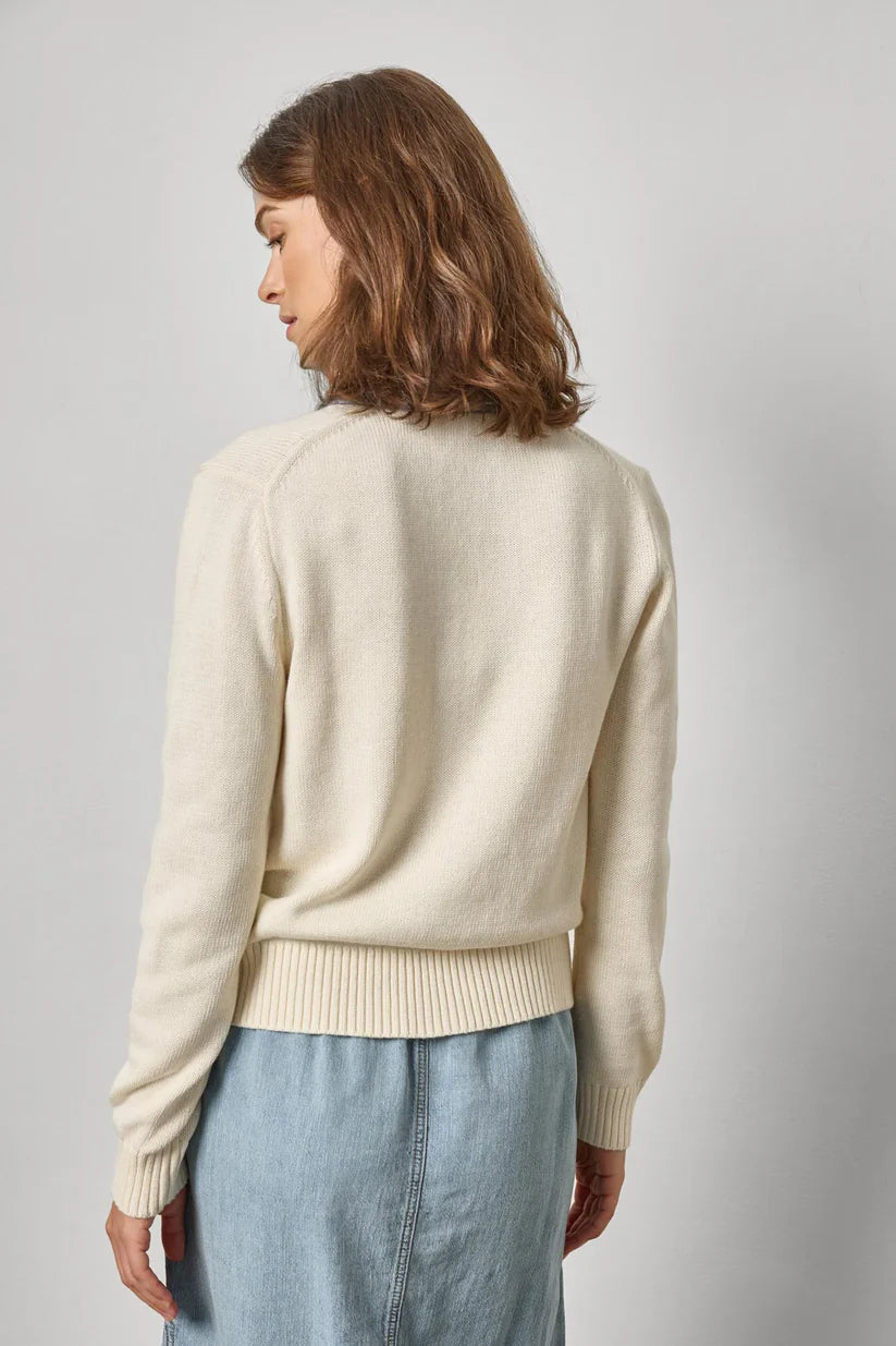 Lilla P Denim Collar Polo Sweater Off White