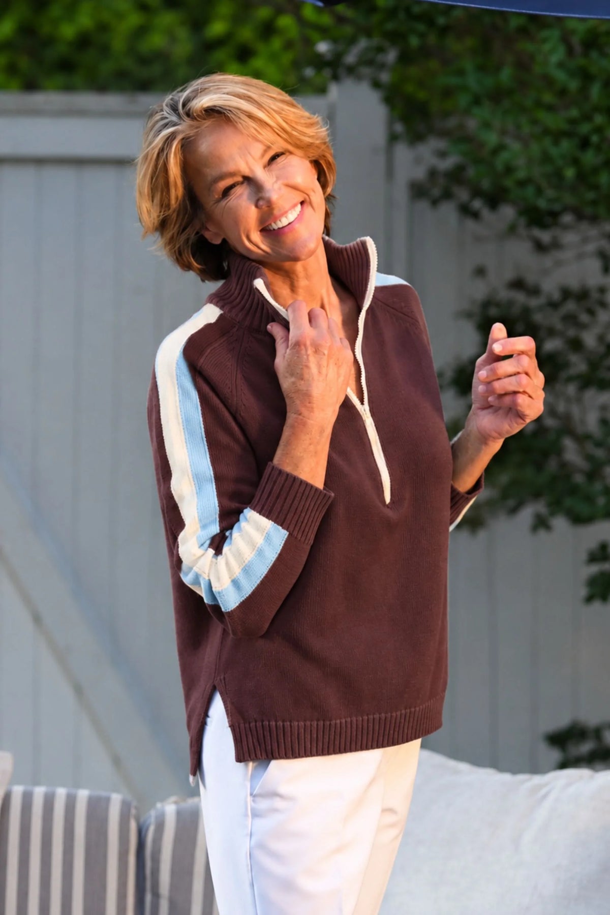 Walker & Wade Striped Half Zip Sweater Sky Blue/Cocoa