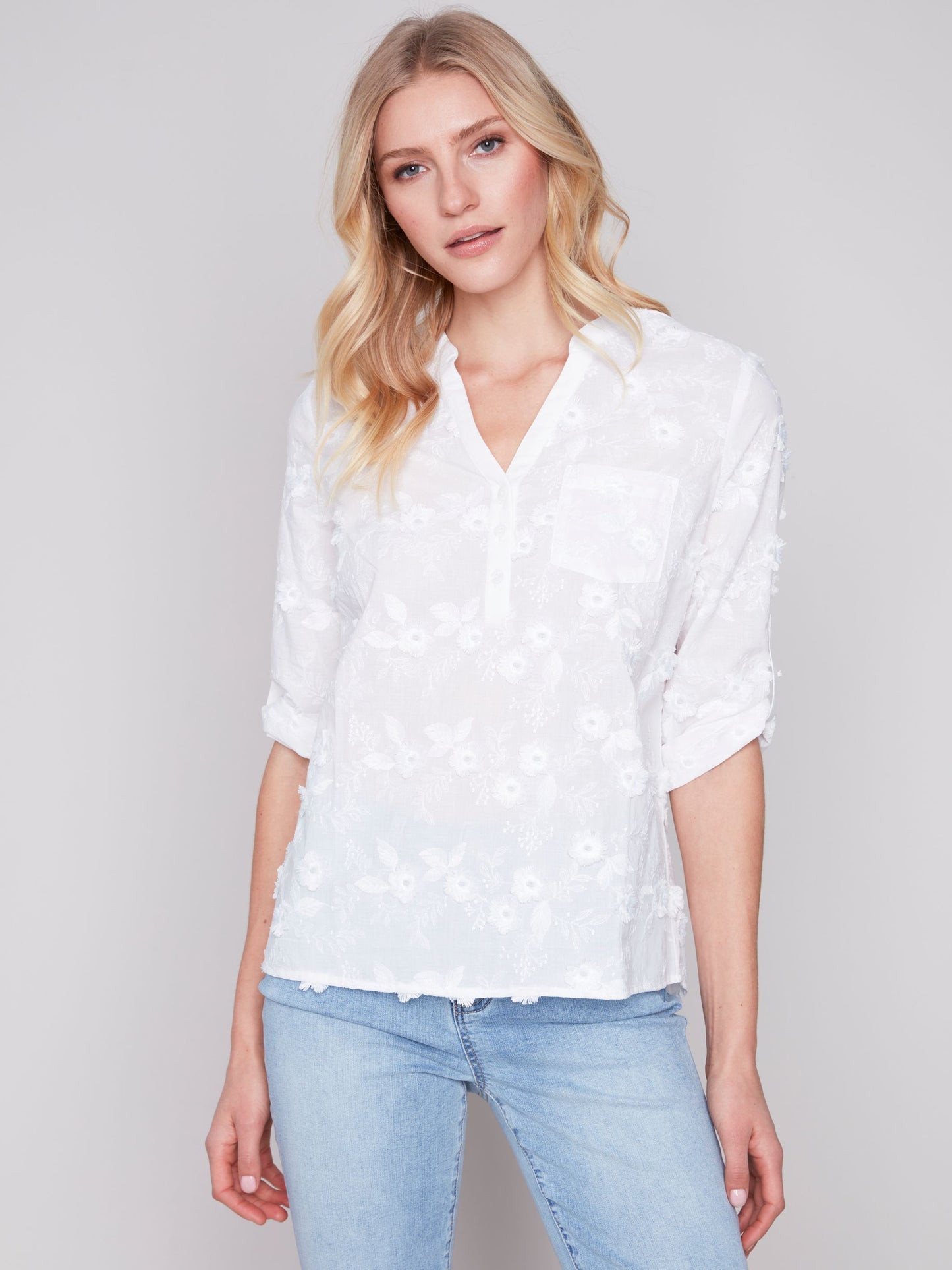 Charlie B Half-Button Embroidered Cotton Blouse - White