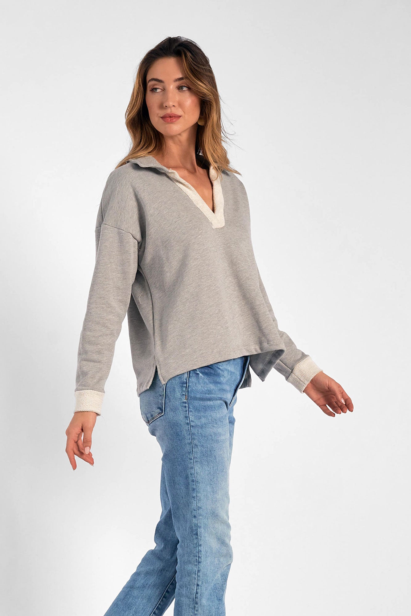 Elan Collared V Neck Sweathshirt-Heather Grey