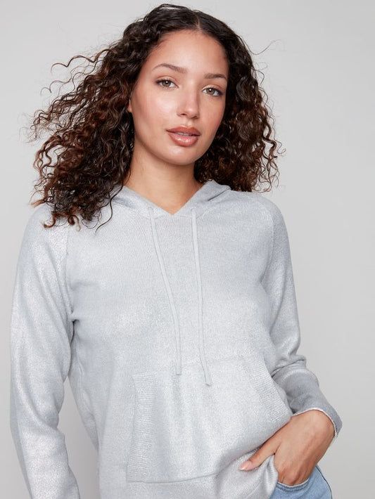 Charlie B Metallic Knit Hoodie Sweater - Argent Silver