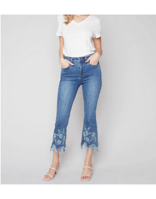 Charlie B Floral Embroidered Feather & Pearl Hem Jeans