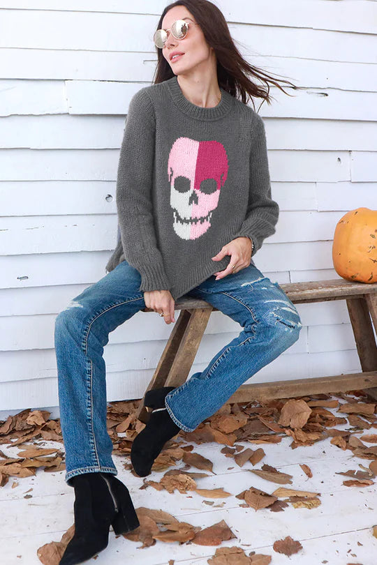 Wooden Ships Colorblock Skull-Gunmetal/Hot Pink