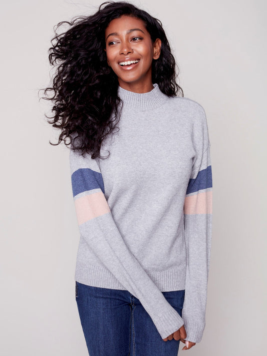 Charlie B Mock Neck Sweater with Smiley Stitching-Gray