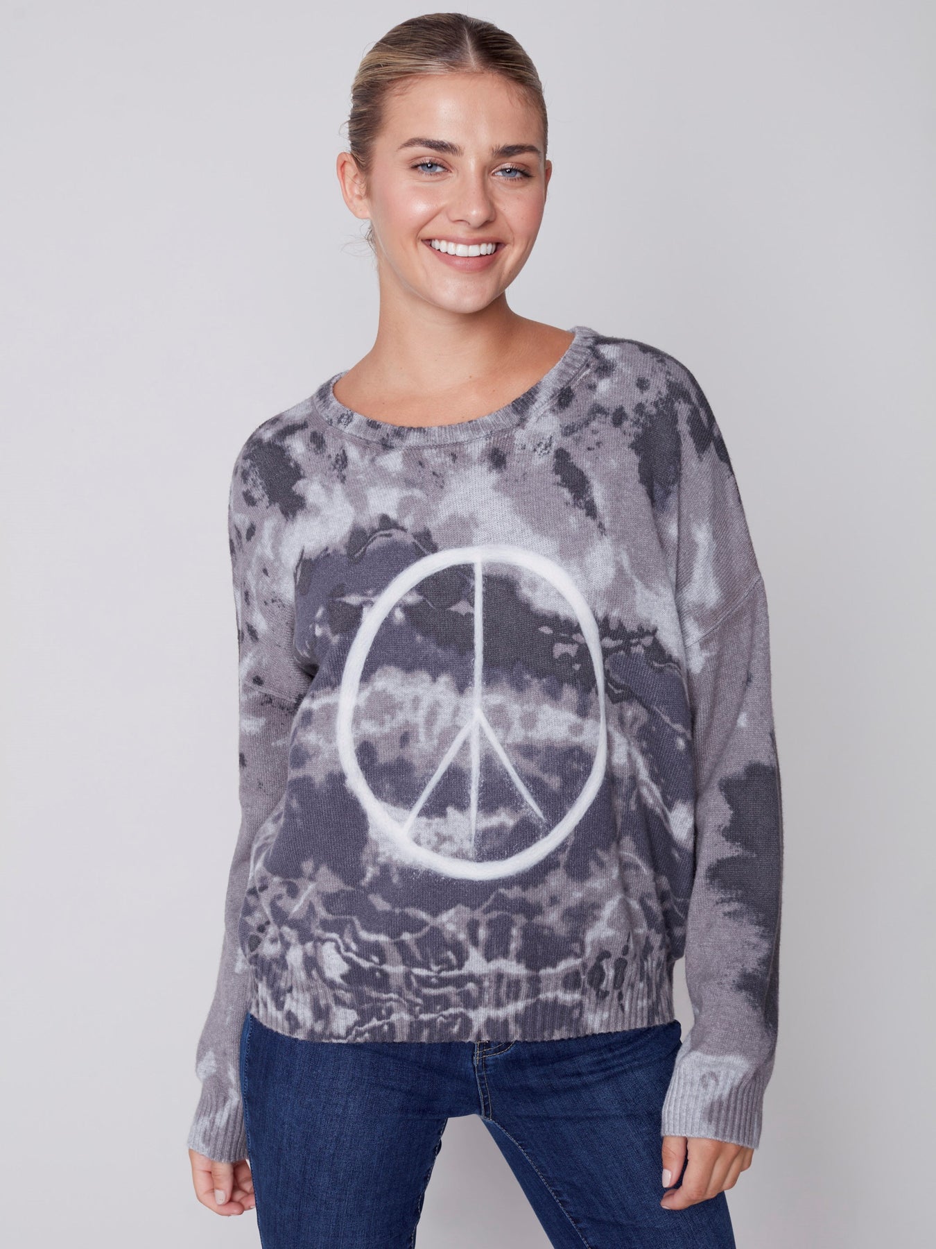 Charlie B Printed Crew Neck Sweater with Peace Symbol - Charcoal