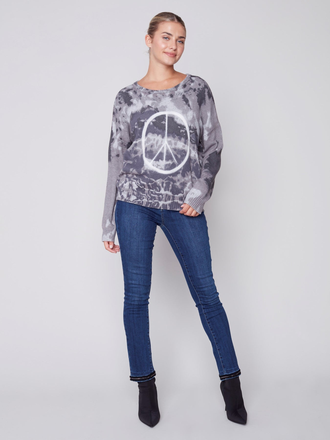 Charlie B Printed Crew Neck Sweater with Peace Symbol - Charcoal