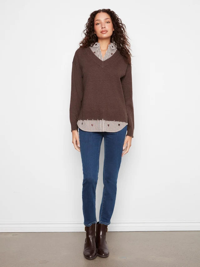 Charlie B V-Neck Fooler Sweater Embroidered Shirt Collar - Heather Coffee