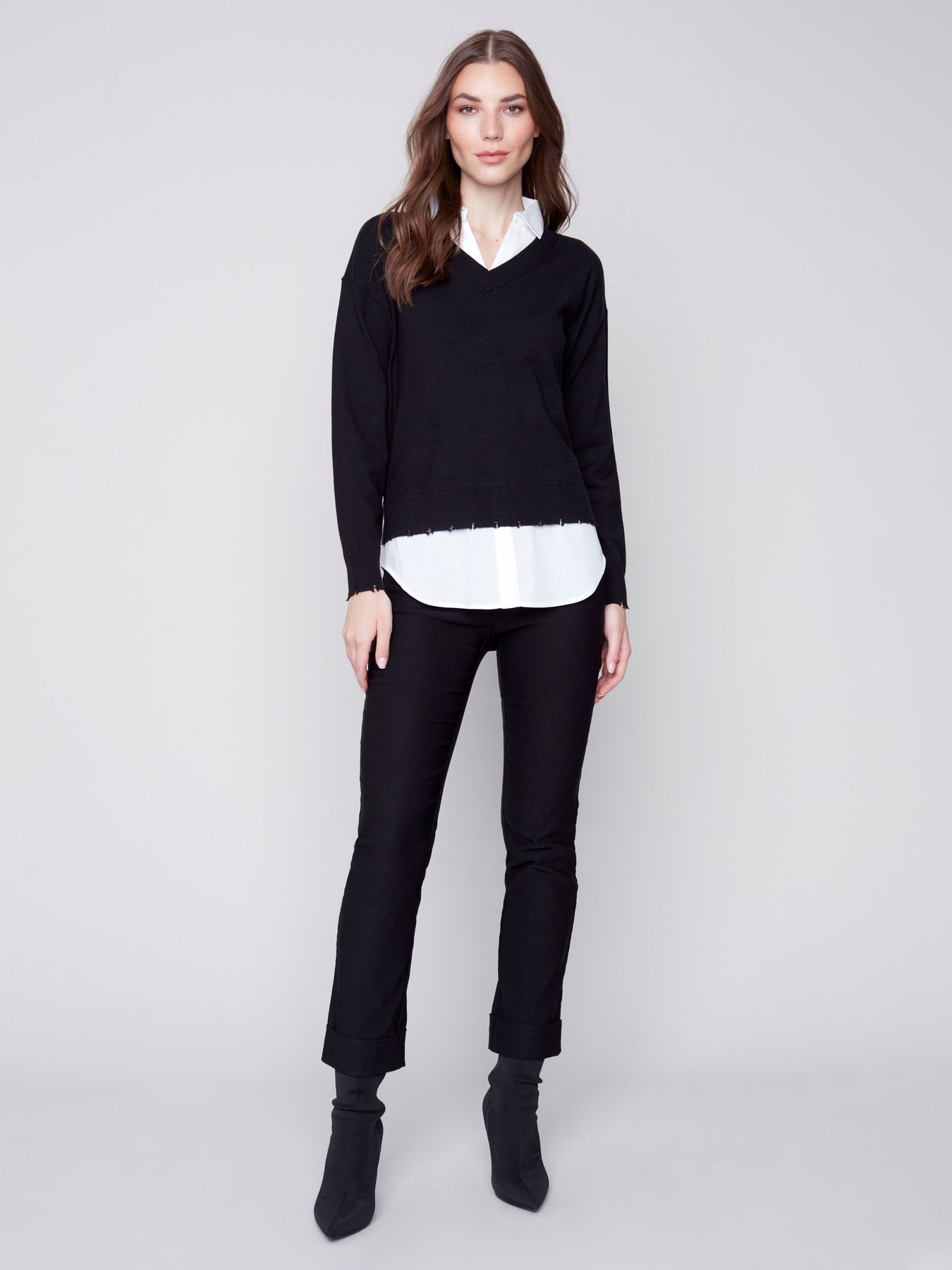 Charlie B V-Neck Sweater with Shirt Collar