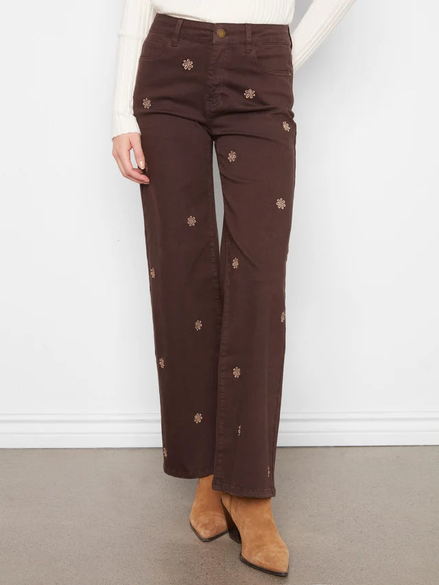 Charlie B Wide Leg Twill Pants With Floral Embroidery - Coffee