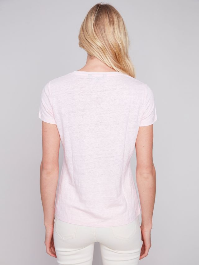 Charlie B Linen Jersey V Neck Tee Pink Lotus