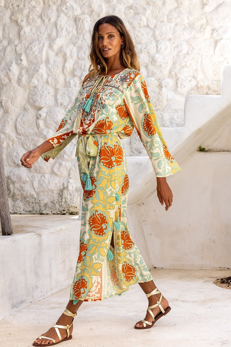 Miss June Niobi Maxi Dress-Shantung Beige/Blue