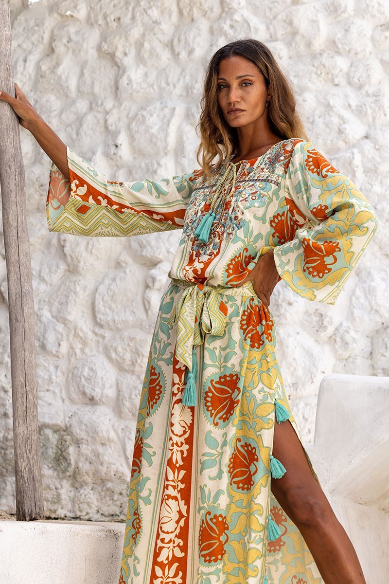 Miss June Niobi Maxi Dress-Shantung Beige/Blue