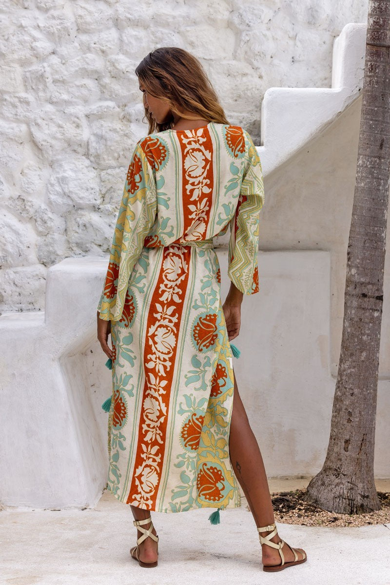 Miss June Niobi Maxi Dress-Shantung Beige/Blue