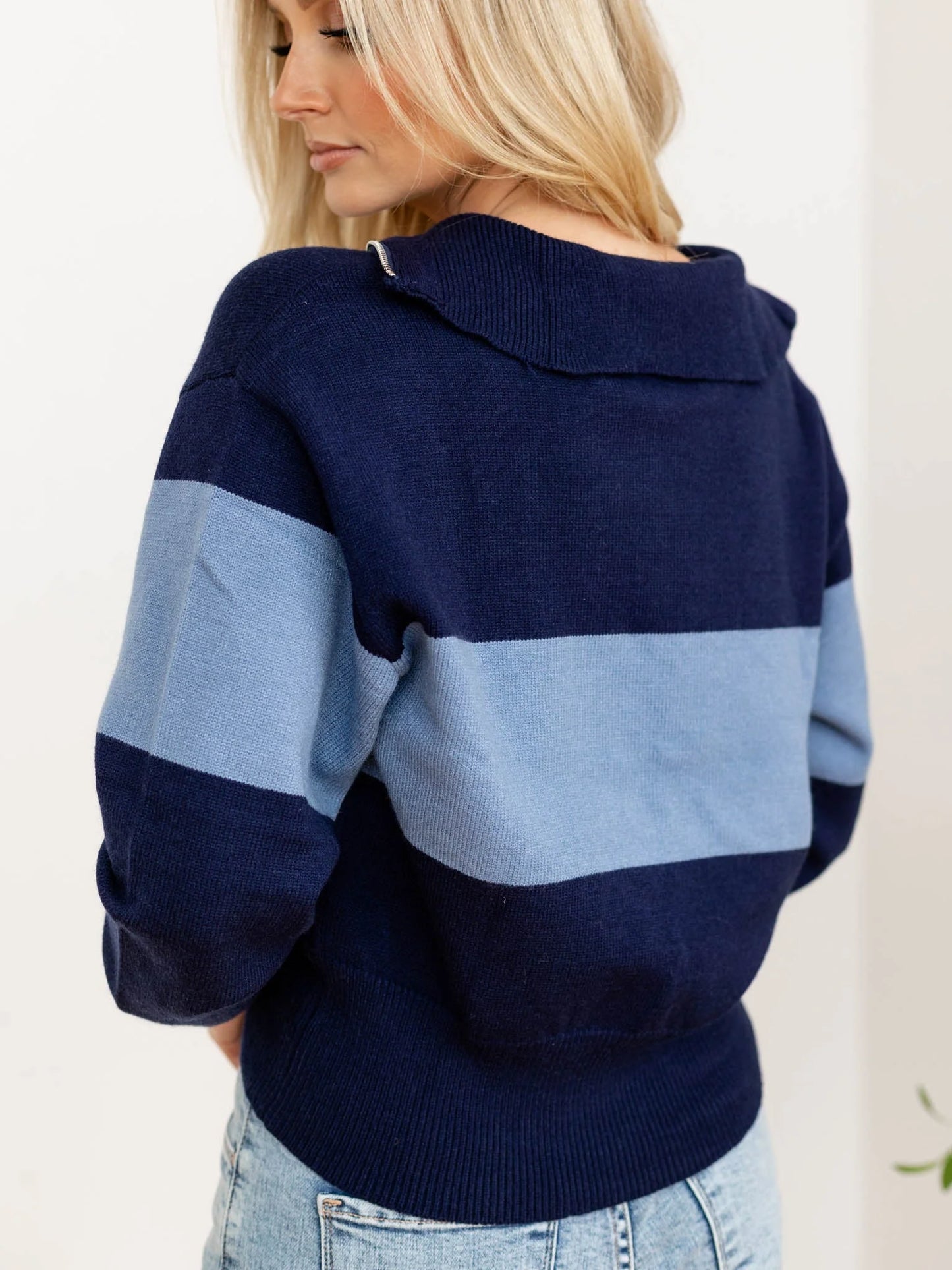 1/4 Zip Stripe Sweater Navy / Light Blue