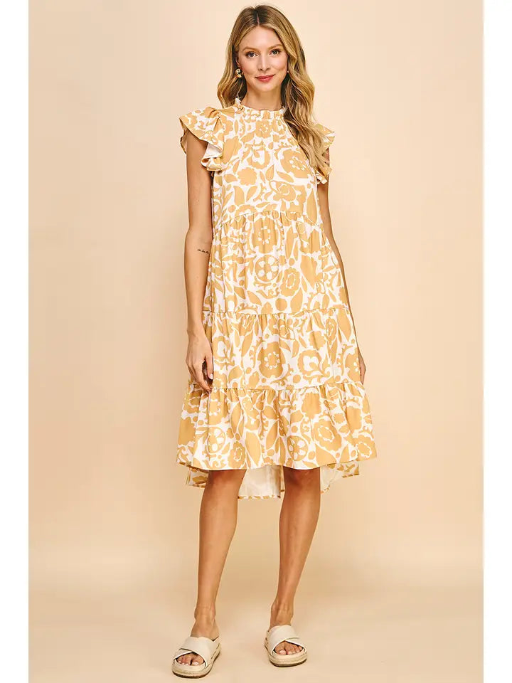 mustard yellow flower dress Yellow Floral Midi Dress With Waist