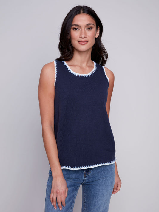 Charlie B Knit Crochet Knit Tank Top - Navy