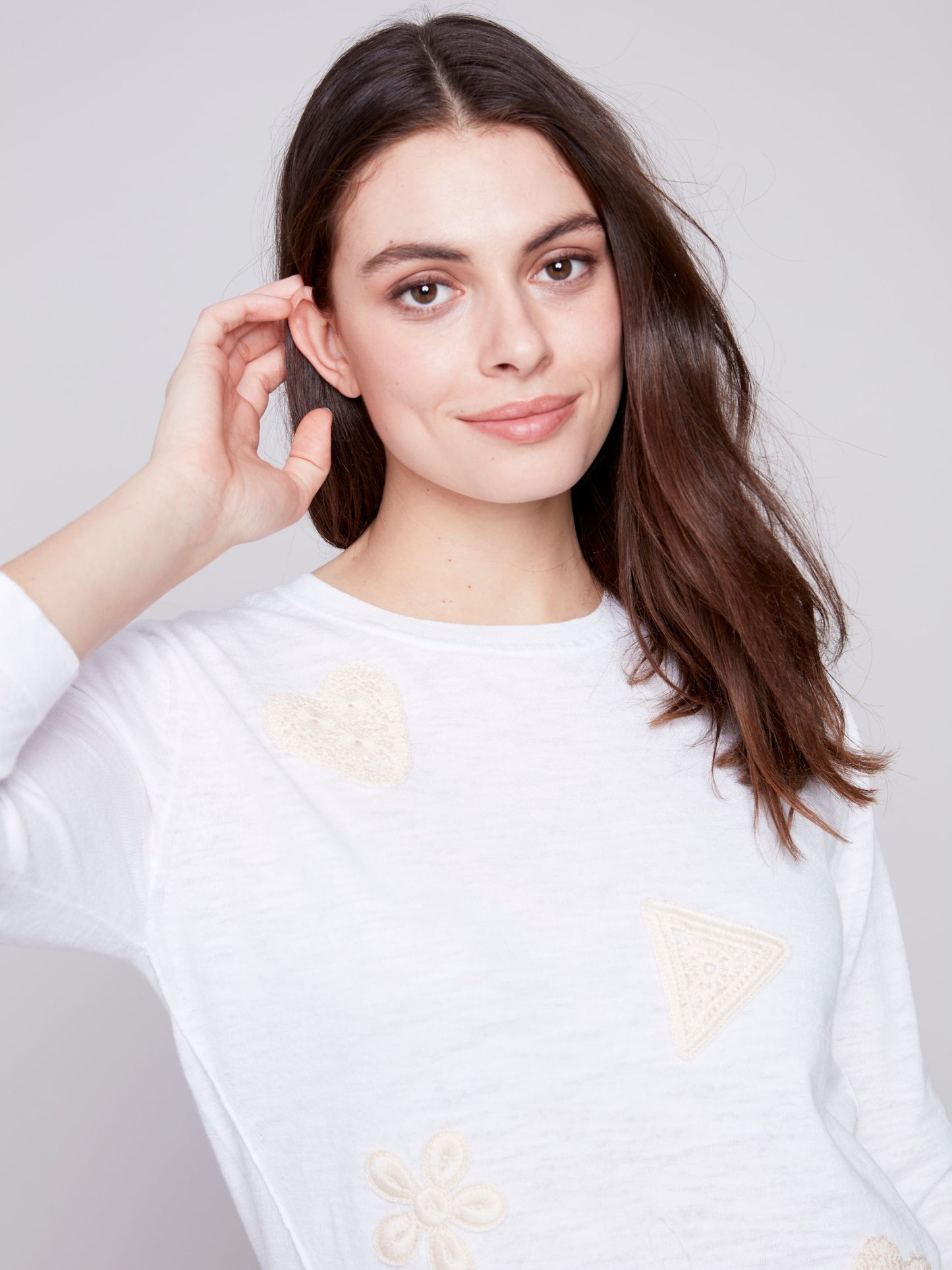 Charlie B 3/4 Sleeve Crochet Patches Top-White