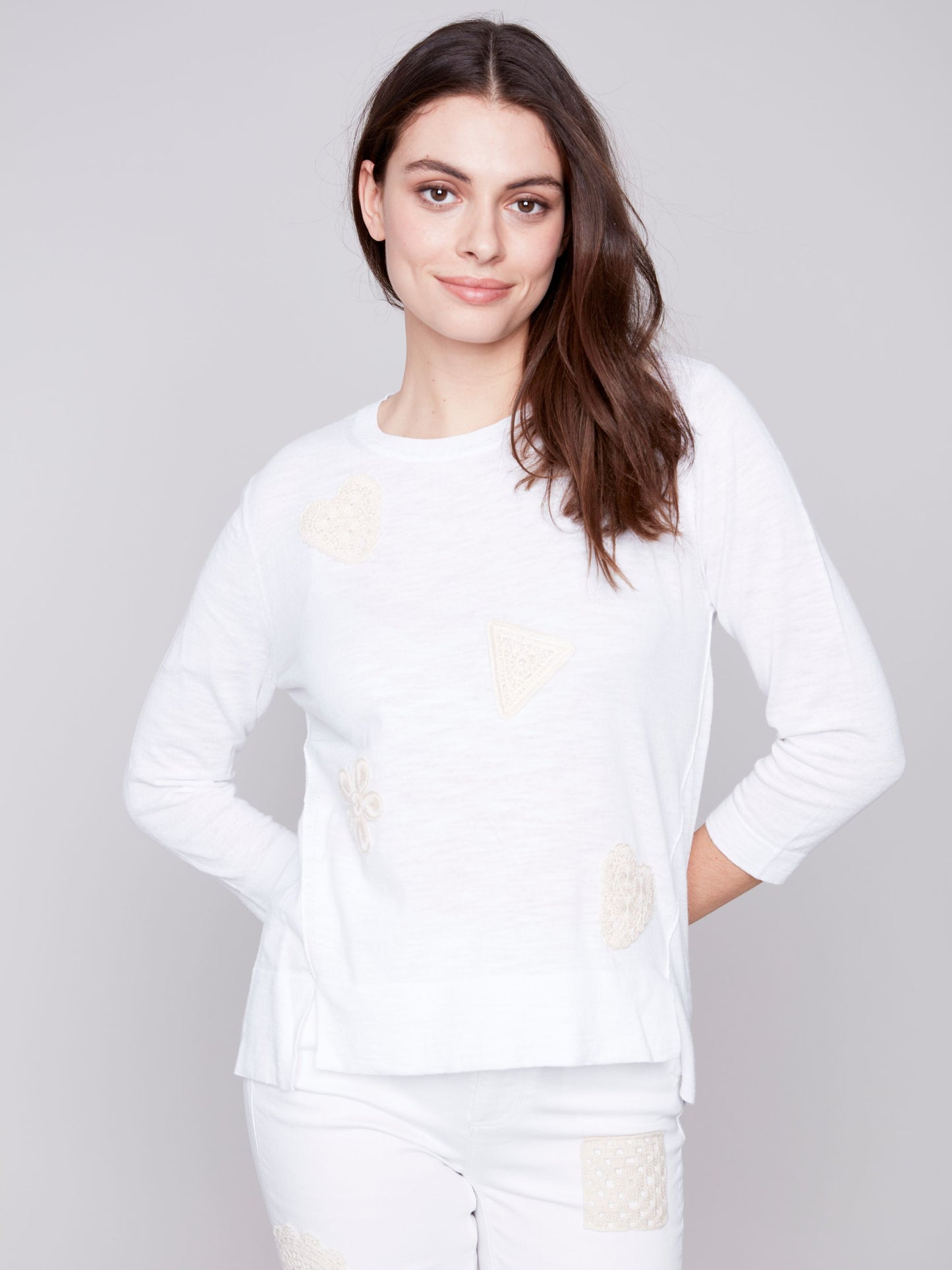 Charlie B 3/4 Sleeve Crochet Patches Top-White