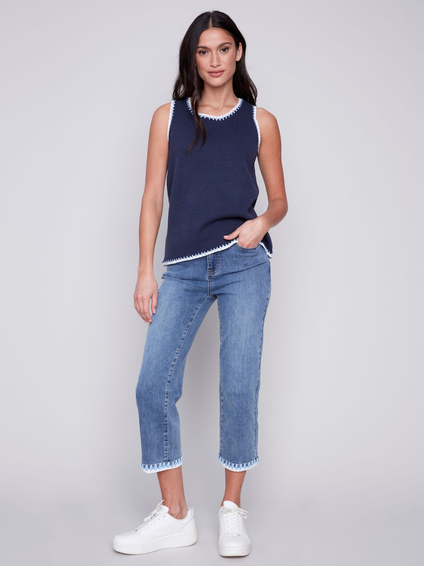 Charlie B Knit Crochet Knit Tank Top - Navy