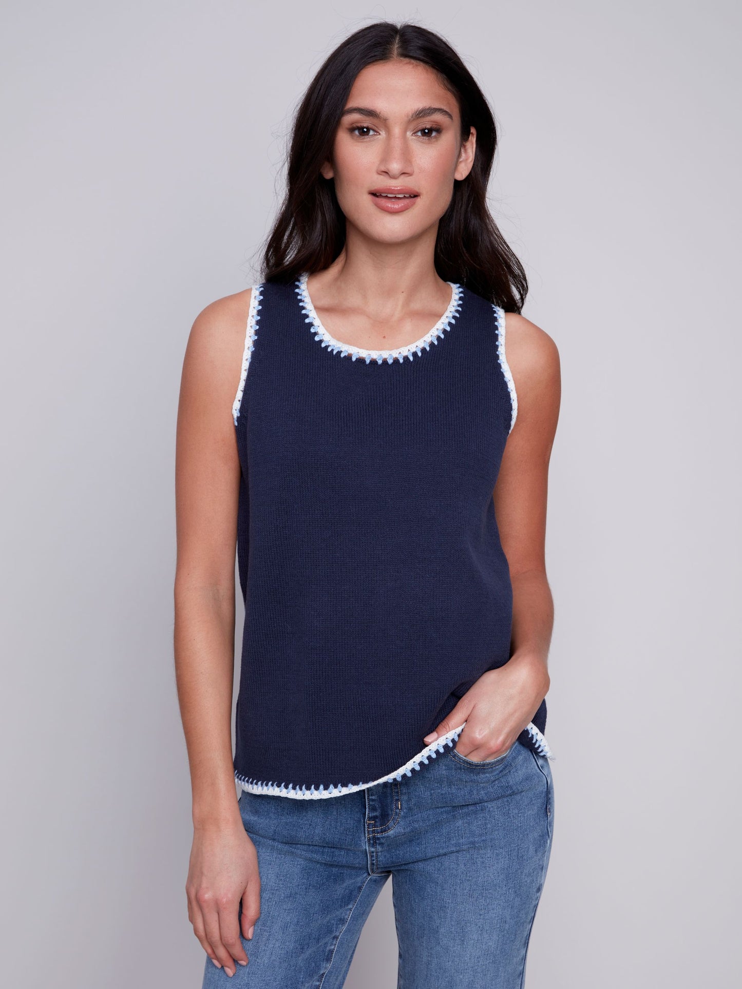 Charlie B Knit Crochet Knit Tank Top - Navy
