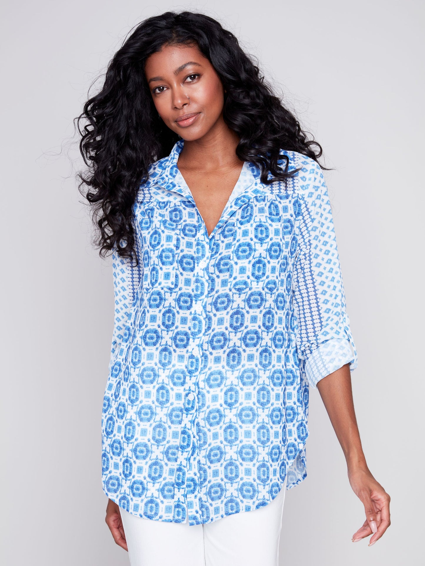 Charlie B Crinkle Georgette Blouse - Geo