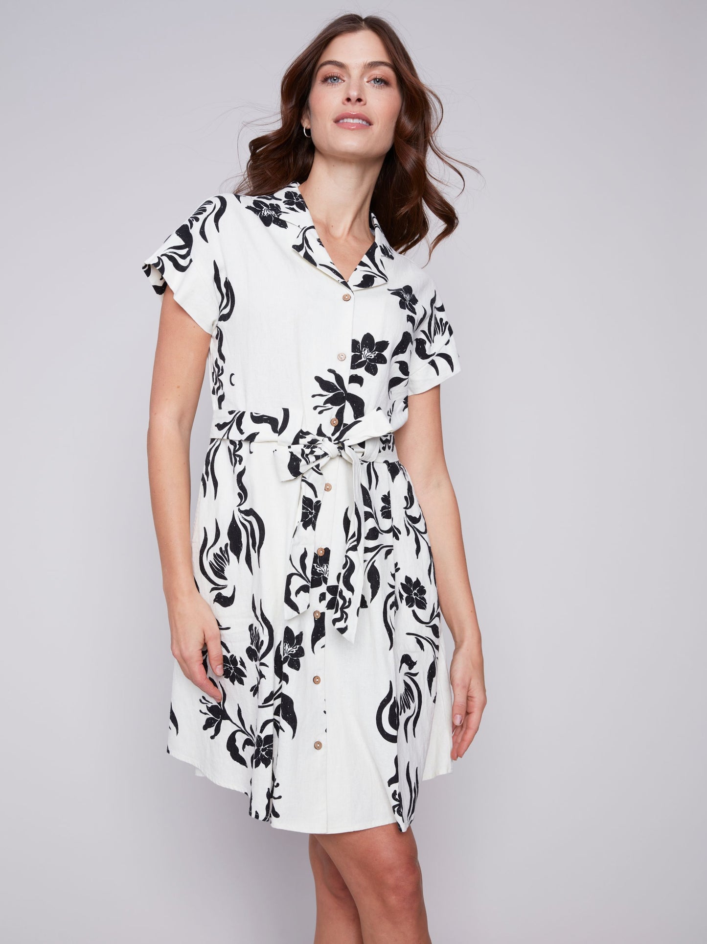 Charlie B Dress Floral Linen Dress-Cream/Black