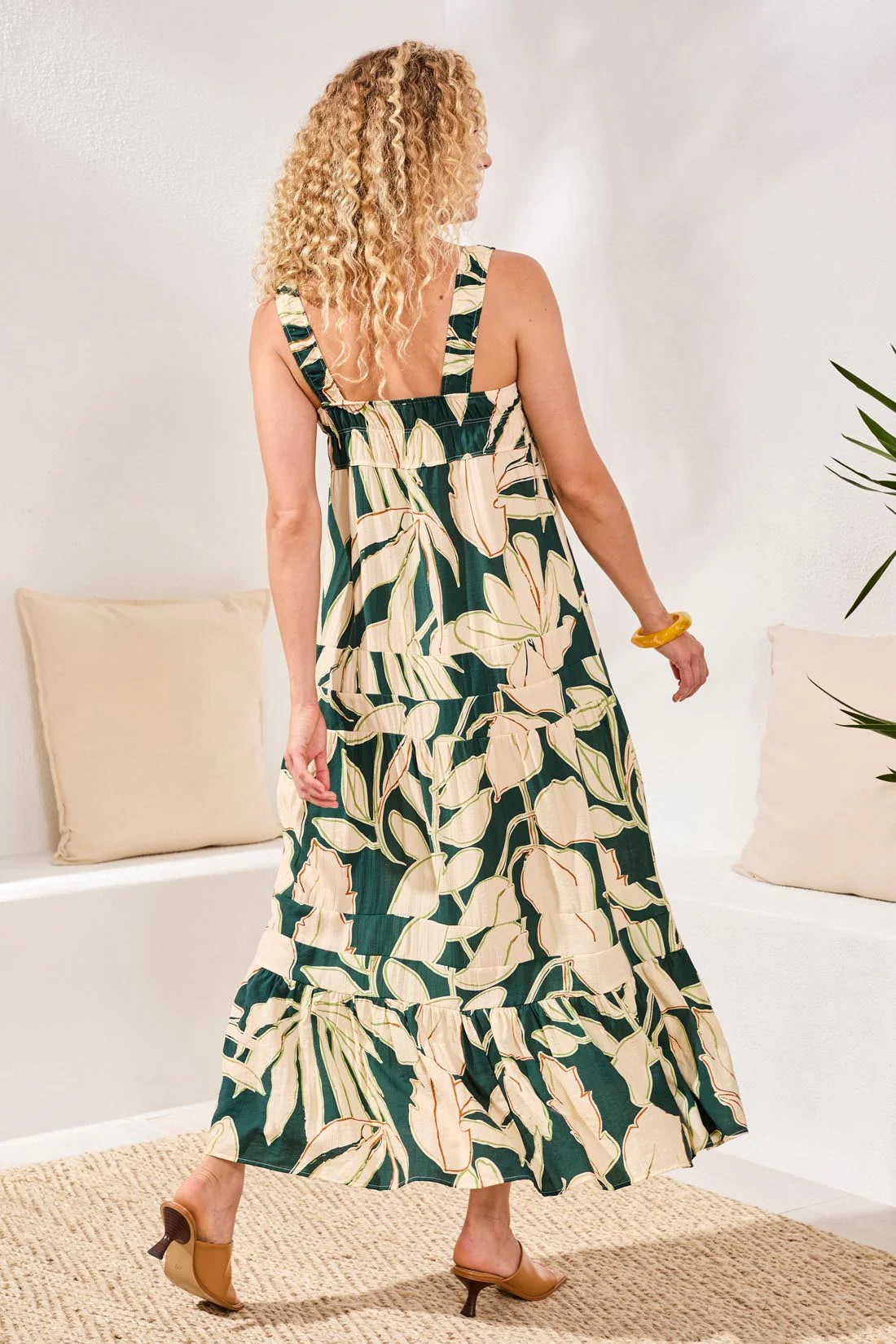 Tribal Square Neck Tiered Maxi Dress Smocking Rainforest